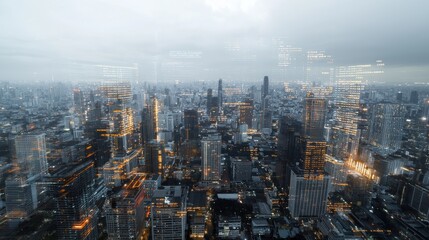 Cryptocurrency data overlay in bangkok cityscape urban environment digital art double exposure view