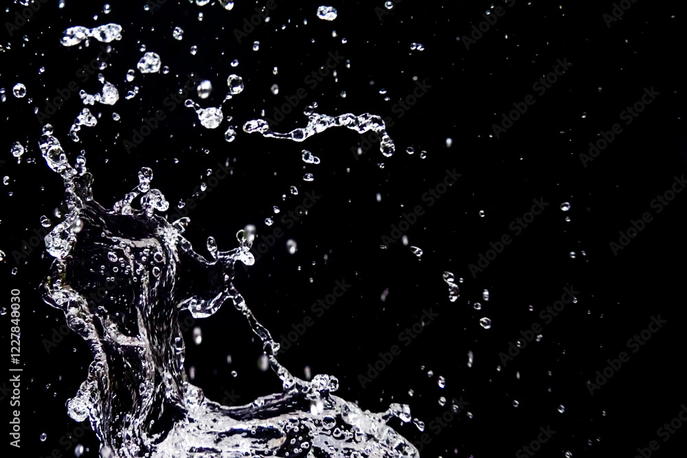 Poster dynamic splash of water droplets against a black background capturing motion and fluidity in high-sp