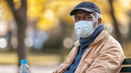 Older man wearing a face mask sits on a park bench