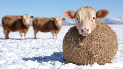 Obraz premium Calf in hay bale, snowy field, winter cattle farm, livestock