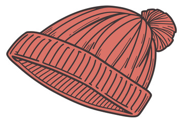 Knitted beanie, rust red color, ribbed texture, folded brim, cozy winter hat, warm accessory, soft wool material, close-up photography, plain background, simple design, casual style, detailed stitchin