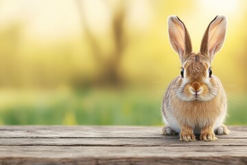 Adorable rabbit sitting on a wooden table in a serene meadow with soft lighting, creating an inviting and nature-focused scene