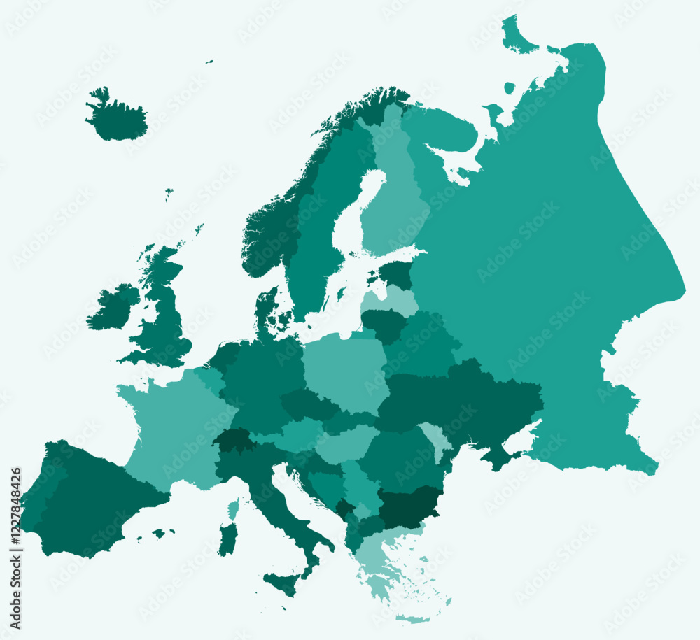 Poster map of europe with countries. just a simple continent border map with country division. teal color p