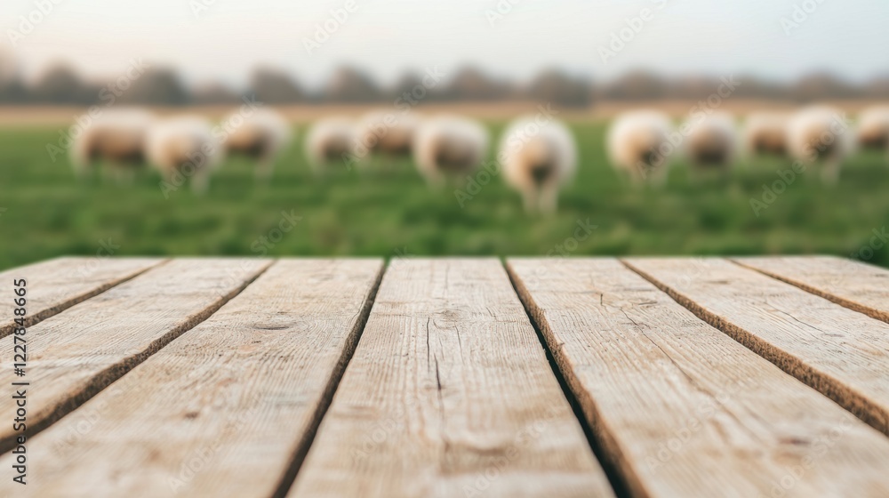 Poster wooden table in the foreground with blurred sheep grazing in a serene, open field. earthy tones crea