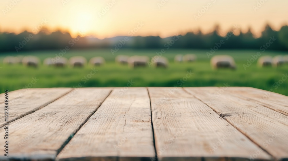 Poster wooden table in the foreground with a serene field and blurred sheep grazing in the background, capt