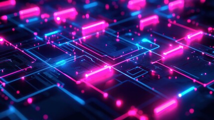 Obraz premium Neon circuit board, glowing data streams, technology background, digital future