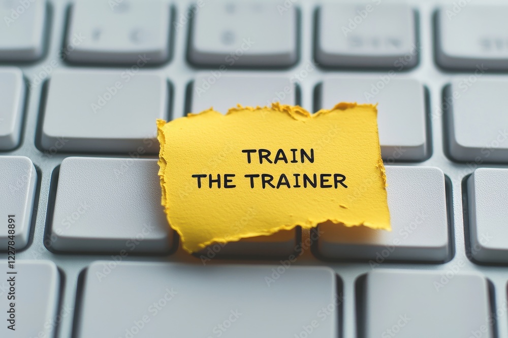 Poster yellow sticky note with text promoting training initiative on computer keyboard