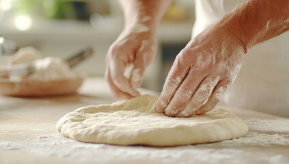 Hands kneading dough on a floured wooden table in a kitchen