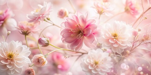 Double Exposure Floral Pattern: Pink Flowers on White Background - Stock Photo