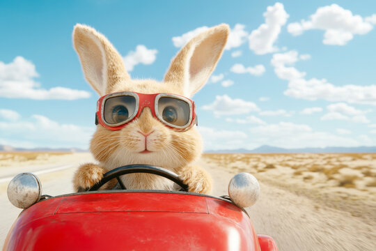 Cute rabbit driving a red vehicle with goggles under a clear blue sky