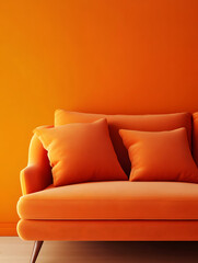 Orange luxury soft comfortable sofa on a orange plain background. Neural network AI generated art
