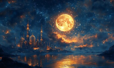 Obraz premium Fantasy Cityscape with Glowing Moon Over Water at Night