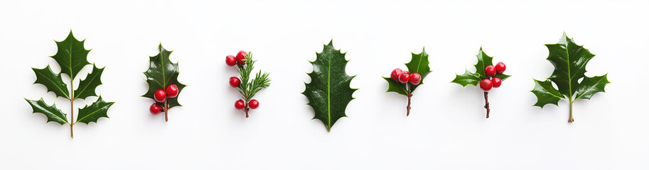 Fototapeta premium Christmas Holly Leaves and Berries on White Background. Flat Lay, Top View, 3D Rendering Illustration with Ample Space for Text.