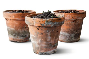 Fototapeta premium Three clay pots with soil on a white background. Isolated.