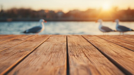 Warm sunlight bathes a wooden table near the beach, with seagulls in the background creating a peaceful coastal atmosphere