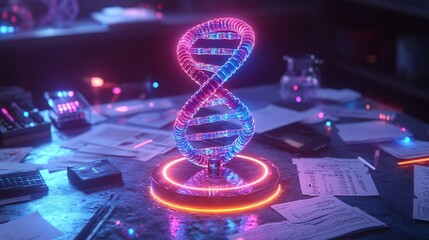 neon dna helix on a laboratory desk with futuristic glow