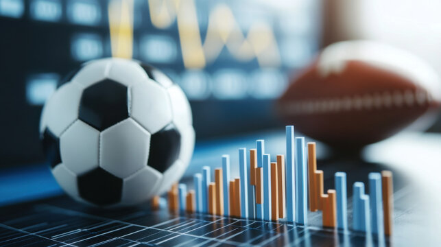 close up of soccer ball and American football beside financial chart, illustrating sports analytics and rising trends in sports performance - Powered by Adobe