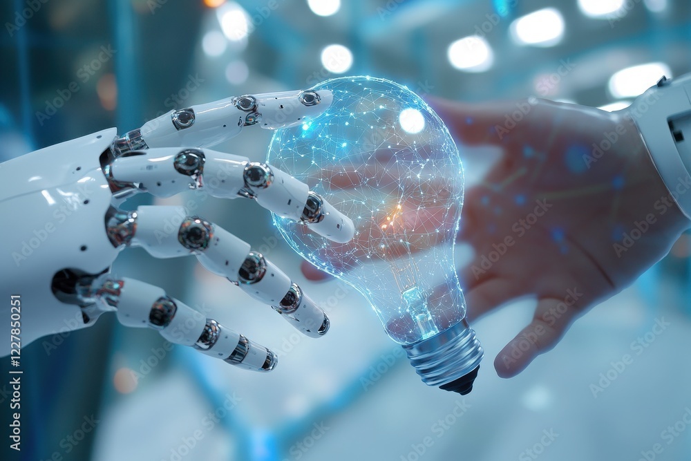 Poster machine learning, hands of robot and human touch on big data network, brain data creative in light b