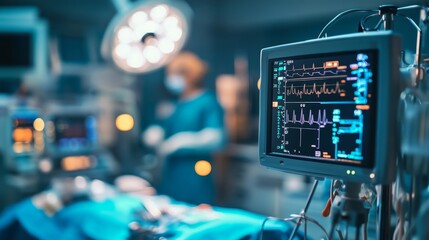 Night surgery room interior with equipment. Vector cartoon illustration of dark operating theater with medical tools and technology, patient bed, lamp light, surgeon stool, life support system monitor