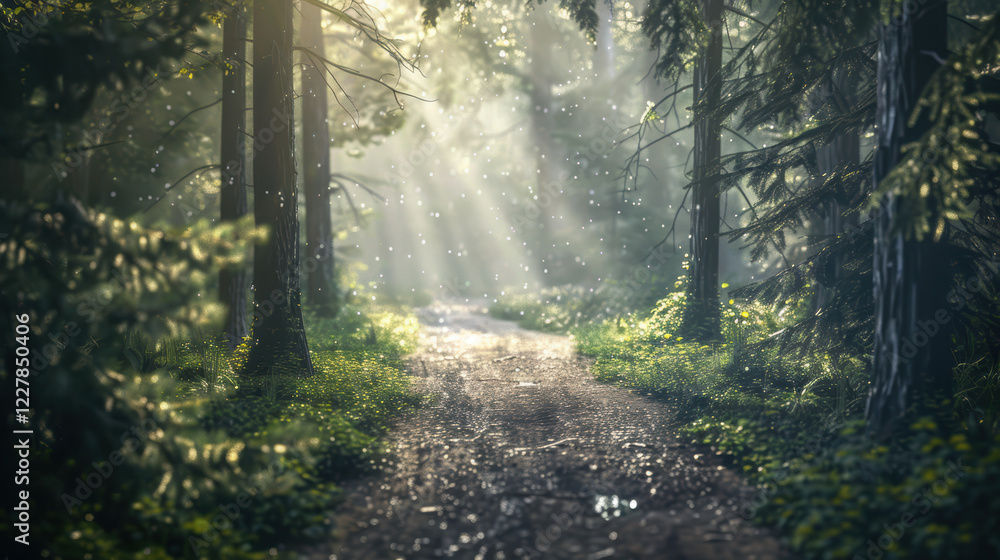 Poster a forest path with sunlight filtering through the trees.