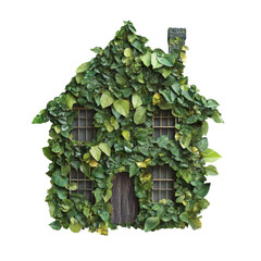 A house-shaped structure completely covered in a dense variety of lush green leaves and plants.