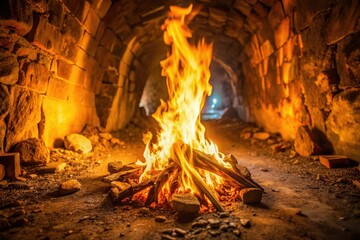 Obraz premium Soft warm flames dance in the darkness of an old abandoned mine, flickering, tunnel, decay