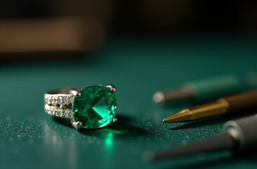 Jeweler's office. Table, tools, jewelry, precious stones. Emerald.