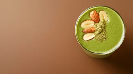 food photography of top-down view of glass of matcha protein shake with matcha powder and almond slices illuminated