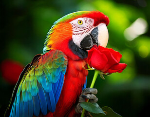 Fototapeta premium A parrot is holding a rose in its beak. The parrot is colorful and has a red rose in its mouth