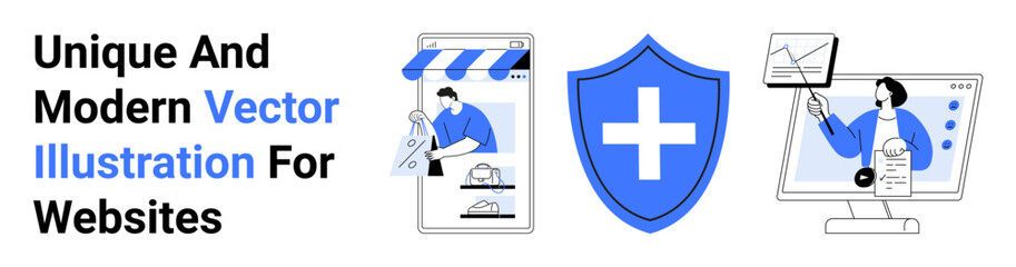 Obraz premium E-commerce storefront, shield representing security, data analysis on desktop monitor. Ideal for technology, business, online shopping, cybersecurity, analytics, web design flat landing page banner