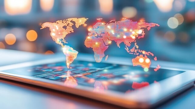 World map on tablet, exploring global connectivity and communication in the digital age