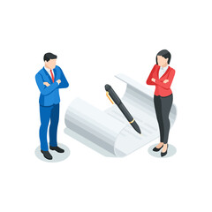 isometric vector business man and woman near document with pen, in color on white background, signing or breaking contract