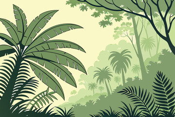 Lush tropical jungle, vibrant green palm fronds, misty forest background, soft sunlight filtering through leaves, watercolor painting style, dreamy atmosphere, detailed botanical illustration, layered