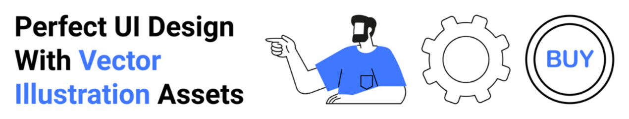 Man in blue shirt pointing, cogwheel gear, buy circle text. Ideal for marketing, technology, UI design, e-commerce, software promotion advertising. Flat landing page banner