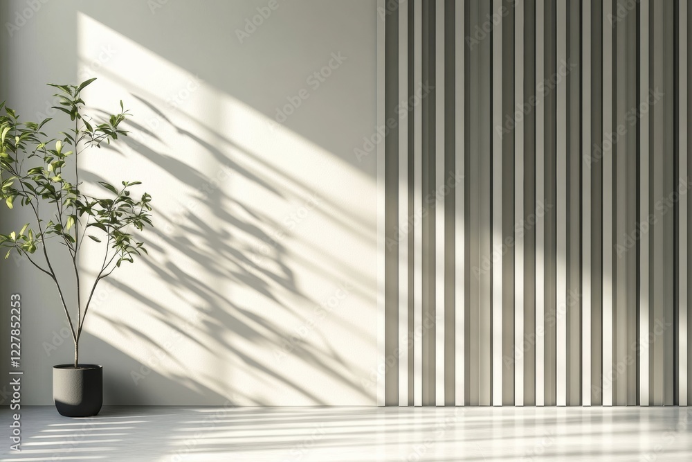 Poster natural light creates soft shadows in a minimalist indoor space with a potted plant and textured wal