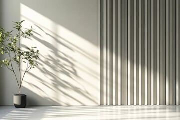 Natural light creates soft shadows in a minimalist indoor space with a potted plant and textured wall. Generative AI
