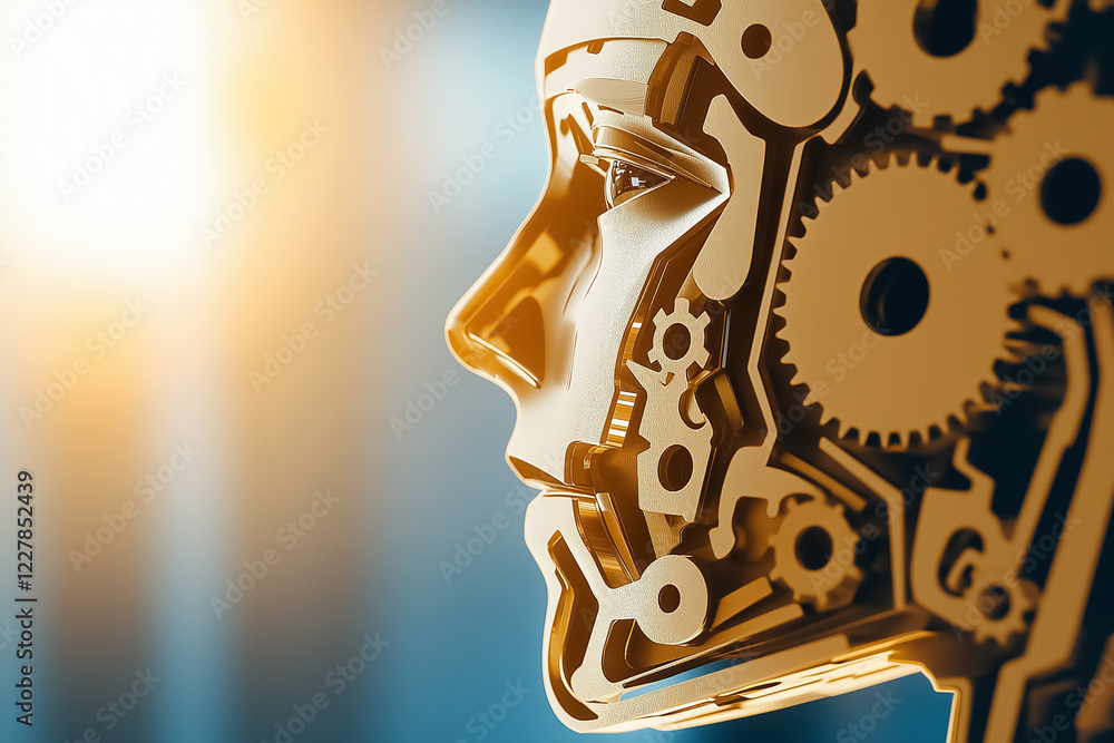 Poster minimal robot face features a gear outline against a neutral backdrop, illuminated by even soft ligh