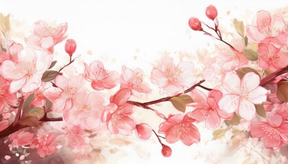 Fototapeta premium Illustration of beautiful close up cherry blossom border in springtime on white background with space for text