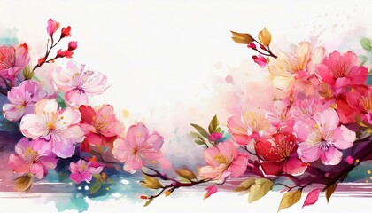 Naklejka premium Illustration of beautiful close up cherry blossom border in springtime on white background with space for text