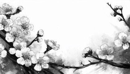 Illustration of beautiful close up cherry blossom border in springtime on white background with space for text