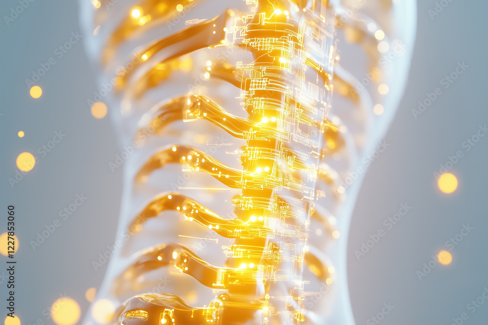 Poster a thin line representation of a human spine features intricate circuit patterns, blending body and t