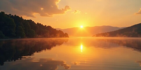 Fototapeta premium Soft focus of a golden sunrise on a calm lake, serene lake, sun rise