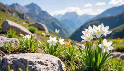 Easter lilies blooming in mountainous wilderness, symbol of renewal