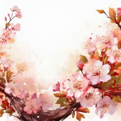 Obraz premium Illustration of beautiful close up cherry blossom border in springtime on white background with space for text
