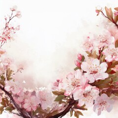 Obraz premium Illustration of beautiful close up cherry blossom border in springtime on white background with space for text