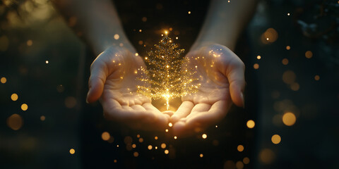 Glittering Christmas Tree with Shiny Golden Light In Hands