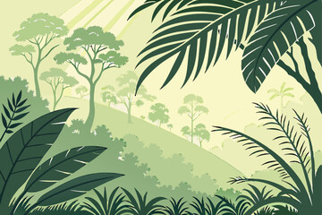 Lush tropical jungle, vibrant green palm fronds, misty forest background, soft sunlight filtering through leaves, watercolor painting style, dreamy atmosphere, detailed botanical illustration, layered