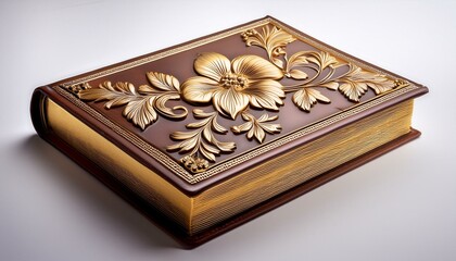 elegant leather book featuring gold floral embossing on a white background