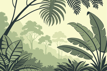 Obraz premium Lush tropical jungle, vibrant green palm fronds, misty forest background, soft sunlight filtering through leaves, watercolor painting style, dreamy atmosphere, detailed botanical illustration, layered