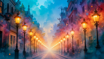 Naklejka premium Watercolor street lights background, warm glow, colorful washes, magical atmosphere